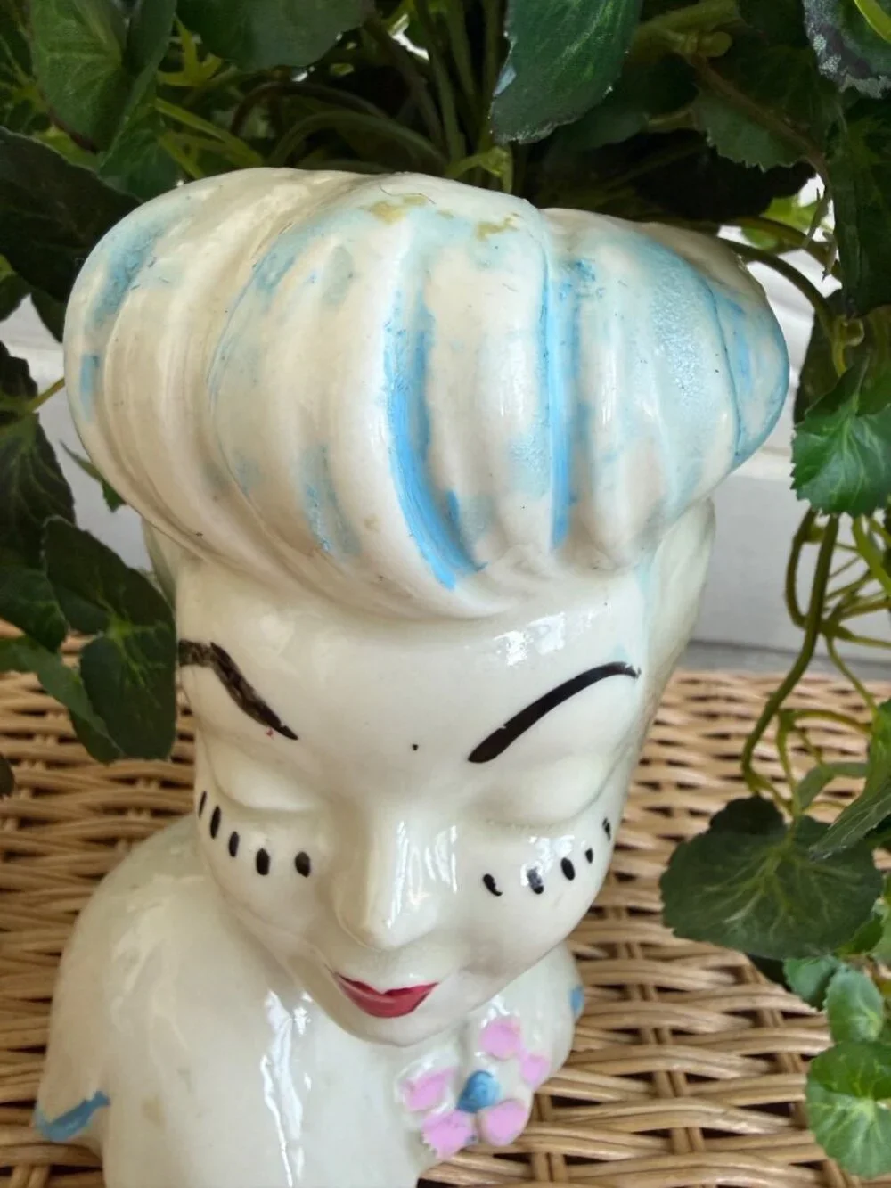 Vintage 1950s Glamour Girl Head Vase Planter With Ivy Faux Plant